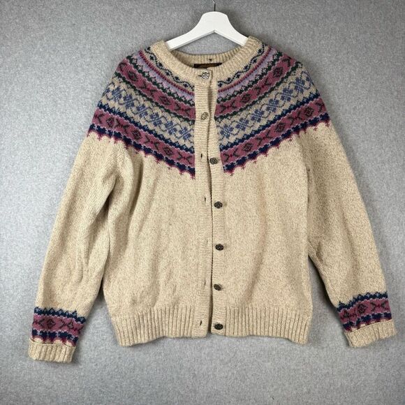 Eddie Bauer Women Large Wool Blend Button Front Fair Isle Cardigan Sweater Cream - Picture 1 of 7
